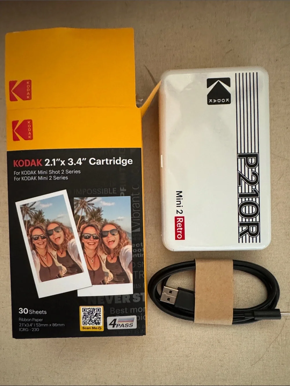 Kodak Mini 2 Retro PZ10R Portable Instant Printer - White & Yellow Box